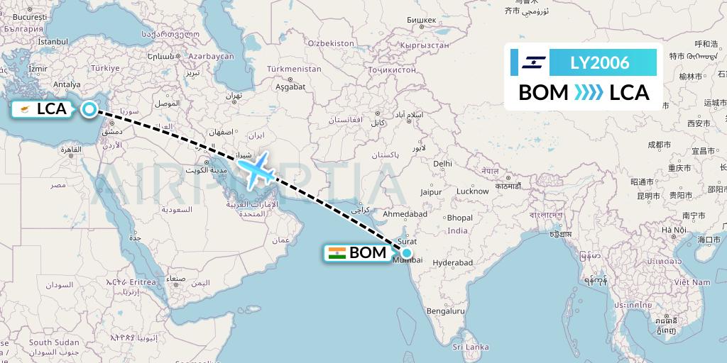 LY2006 El Al Flight Map: Mumbai to Larnaca
