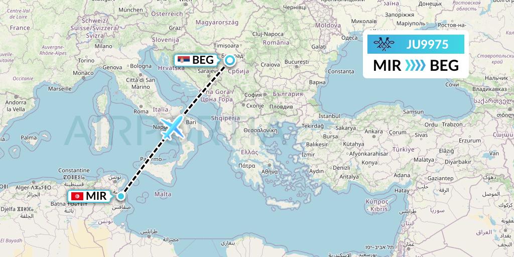 JU9975 AirSERBIA Flight Map: Monastir to Belgrade