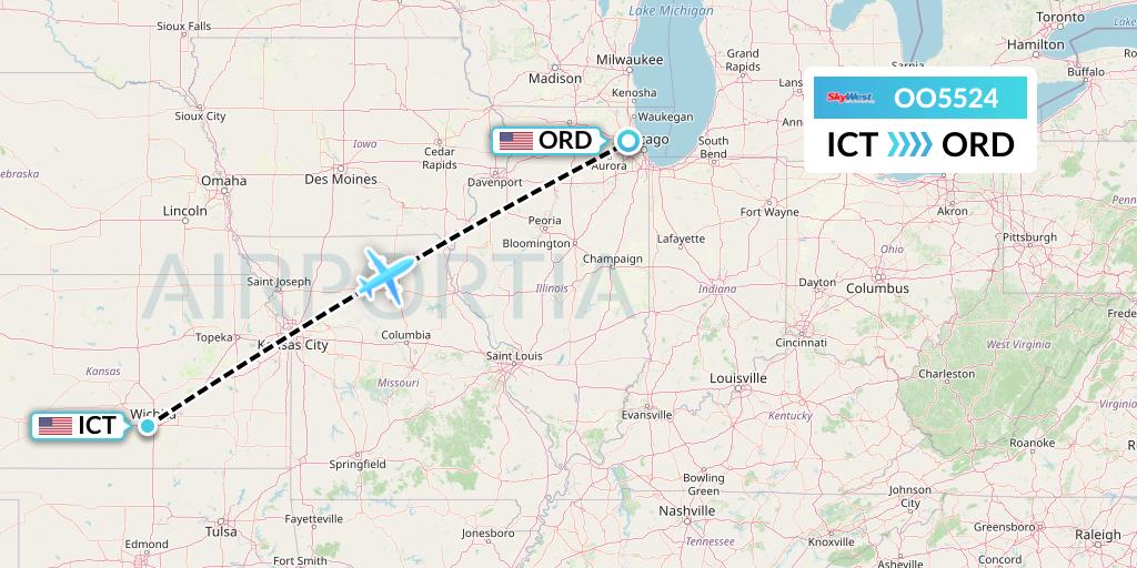 OO5524 SkyWest Airlines Flight Map: Wichita to Chicago