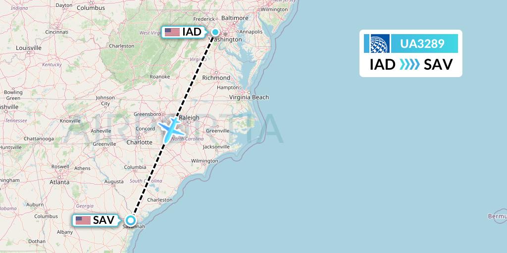 UA3289 United Airlines Flight Map: Washington to Savannah