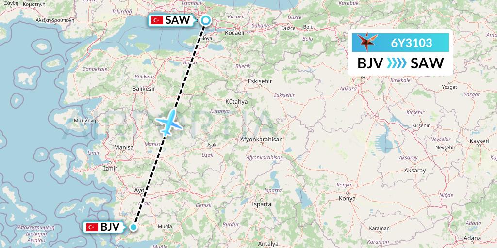 6Y3103 SmartLynx Flight Map: Bodrum to Istanbul