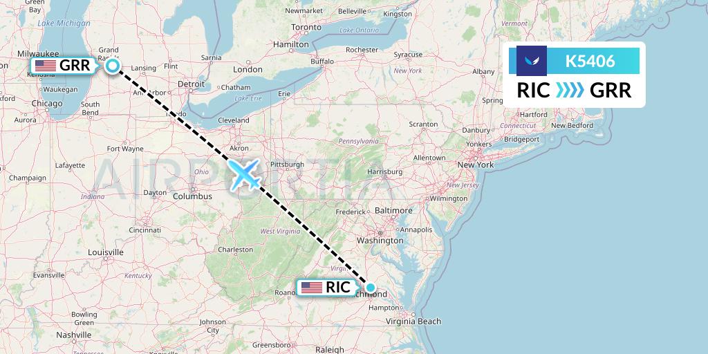 K5406 SeaPort Airlines Flight Map: Richmond to Grand Rapids