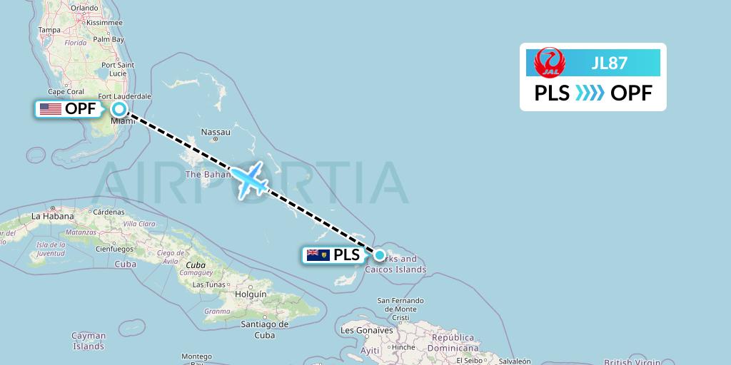 JL87 Japan Airlines Flight Map: Providenciales to Miami