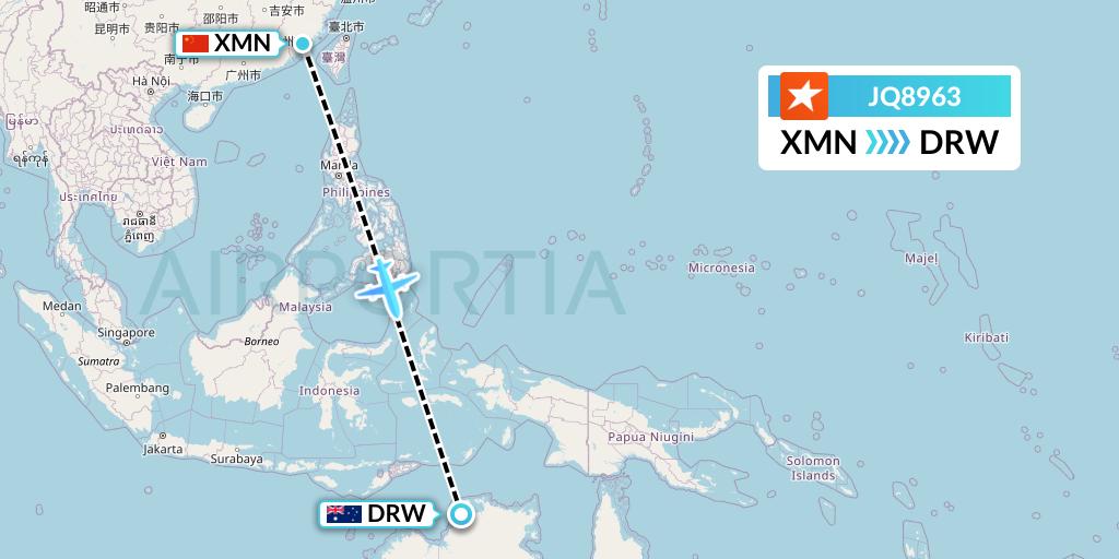 JQ8963 Jetstar Airways Flight Map: Xiamen to Darwin