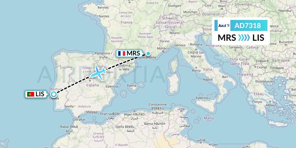 AD7318 Azul Brazilian Airlines Flight Map: Marseille to Lisbon