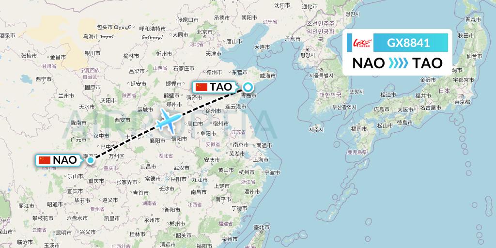 GX8841 GX Airlines Flight Map: Nanchong to Qingdao
