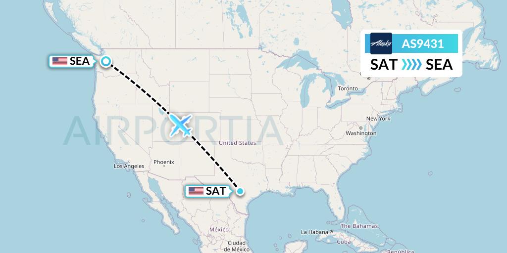 AS9431 Alaska Airlines Flight Map: San Antonio to Seattle