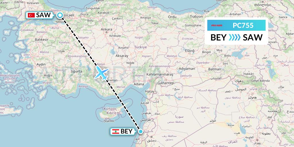 PC755 Pegasus Airlines Flight Map: Beirut to Istanbul