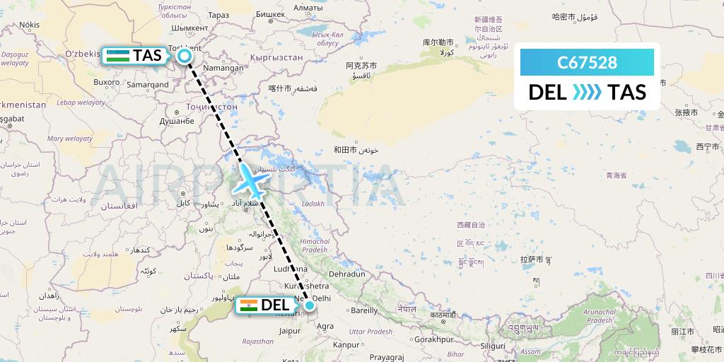 C67528 Capitol Air Express Flight Map: Delhi to Tashkent