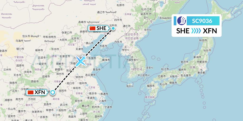 SC9036 Shandong Airlines Flight Map: Shenyang to Xiangyang