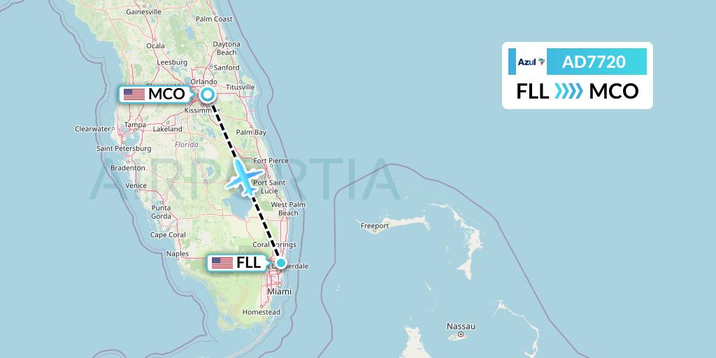 AD7720 Azul Brazilian Airlines Flight Map: Fort Lauderdale to Orlando