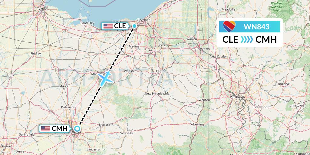 WN843 Southwest Airlines Flight Map: Cleveland to Columbus