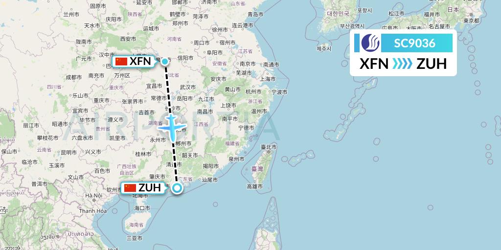 SC9036 Shandong Airlines Flight Map: Xiangyang to Zhuhai
