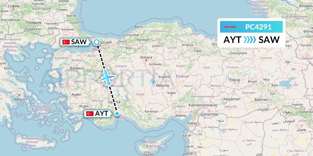 PC4291 Pegasus Airlines Flight Map: Antalya to Istanbul