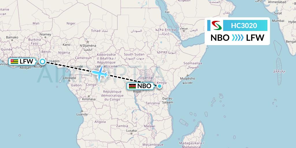 HC3020 Air Senegal Flight Map: Nairobi to Lome