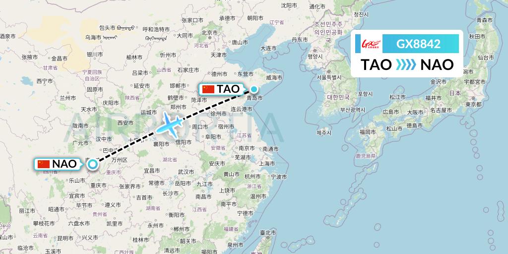 GX8842 GX Airlines Flight Map: Qingdao to Nanchong