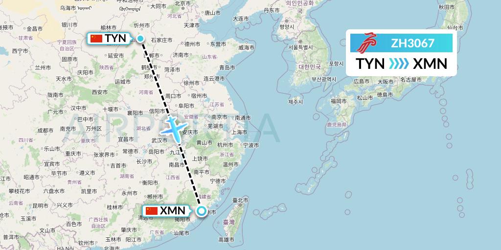 ZH3067 Shenzhen Airlines Flight Map: Taiyuan to Xiamen