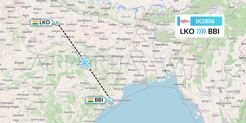 IX2806 Air India Express Flight Map: Lucknow to Bhubaneswar