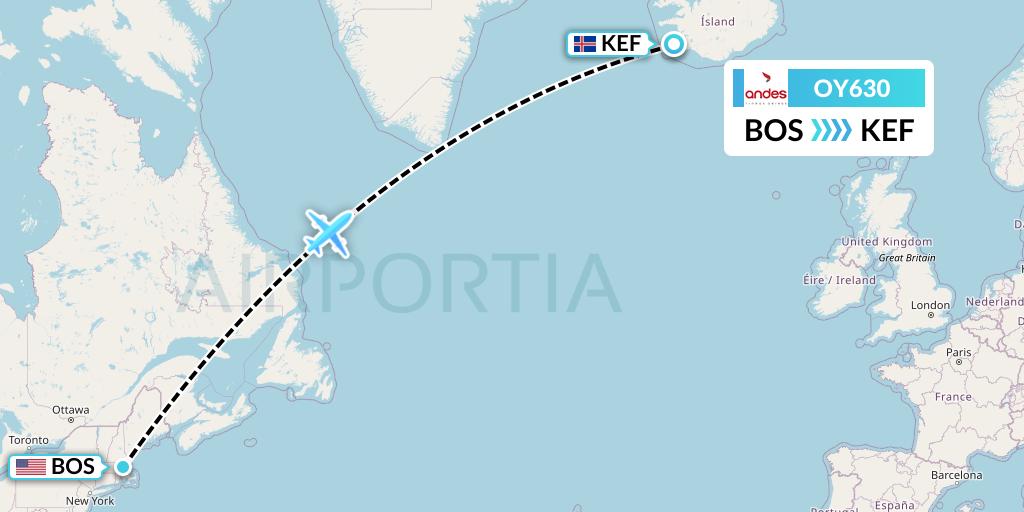 OY630 Omni Air International Flight Map: Boston to Reykjavik