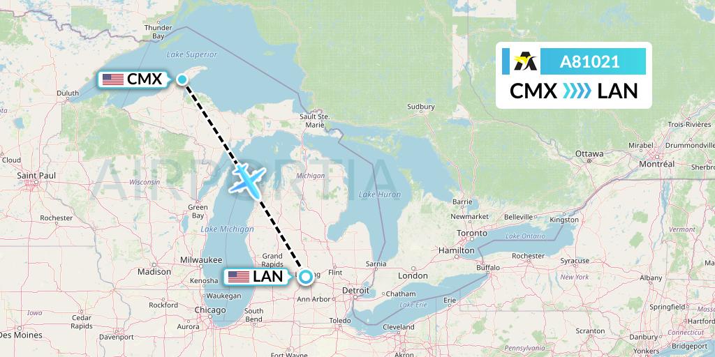 A81021 Aerolink Uganda Flight Map: Hancock to Lansing