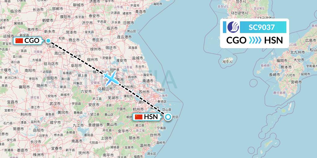 SC9037 Shandong Airlines Flight Map: Zhengzhou to Zhoushan