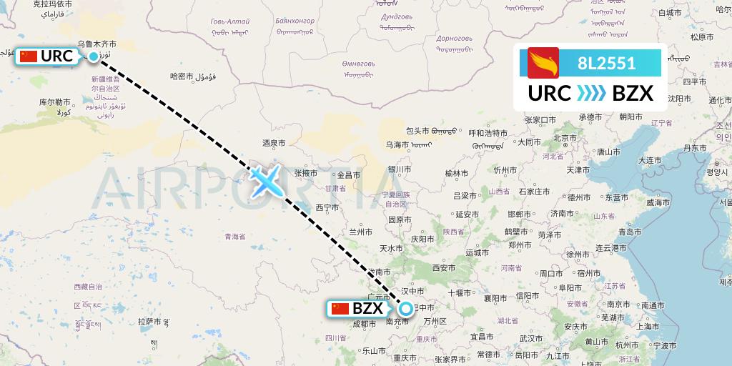 8L2551 Lucky Air Flight Map: Urumqi to Guangyuan