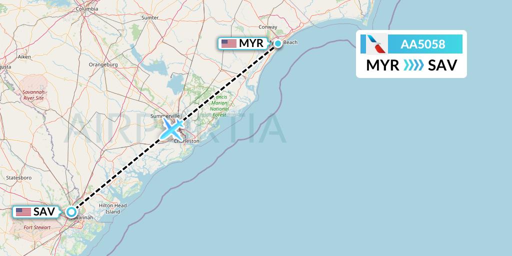 AA5058 American Airlines Flight Map: Myrtle Beach to Savannah