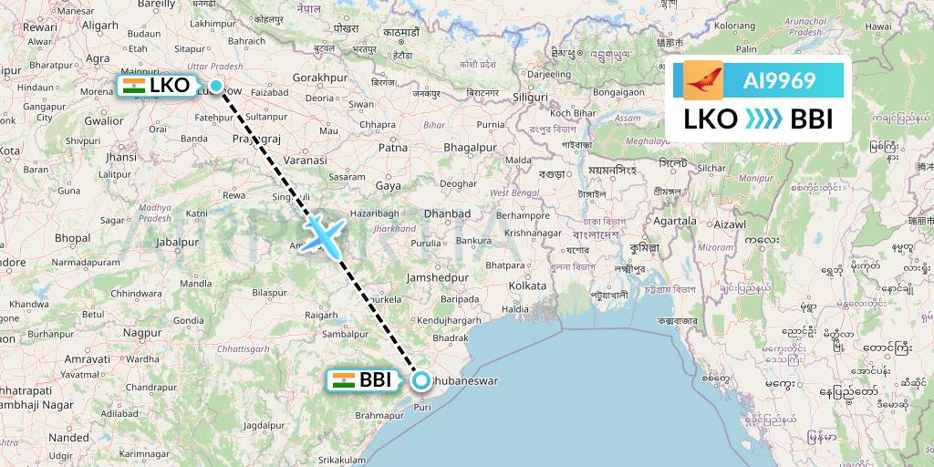 AI9969 Air India Flight Map: Lucknow to Bhubaneswar