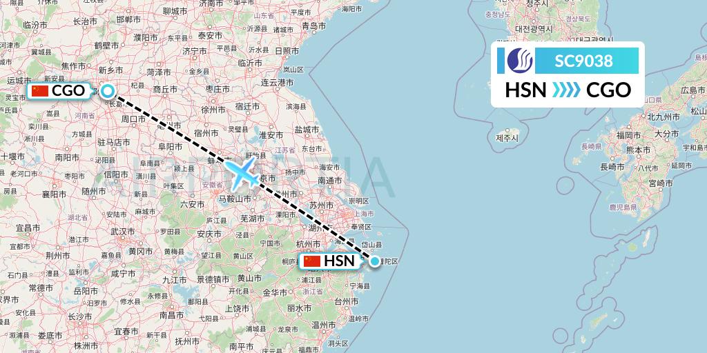 SC9038 Shandong Airlines Flight Map: Zhoushan to Zhengzhou