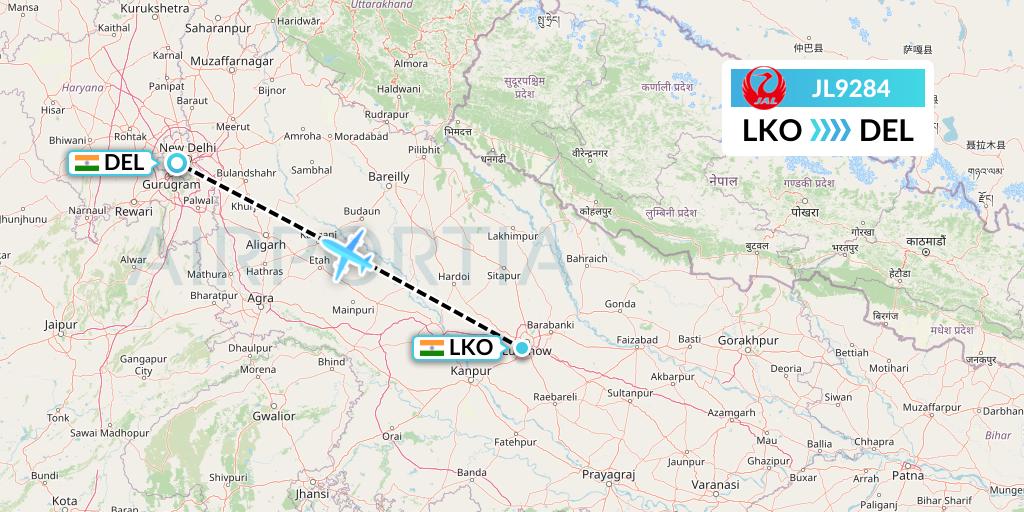 JL9284 Japan Airlines Flight Map: Lucknow to Delhi
