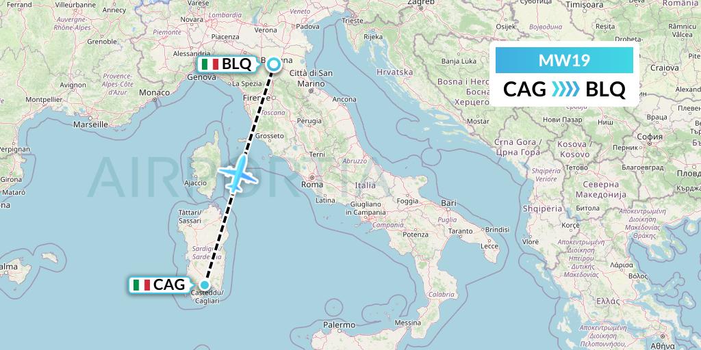 MW19 Mokulele Flight Service Flight Map: Cagliari to Bologna