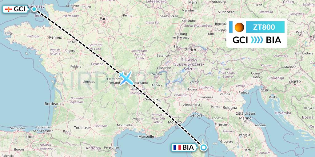 ZT800 Titan Airways Flight Map: Guernsey to Bastia