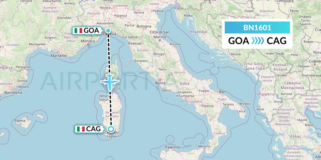 BN1601 Forward Air International Airlines Flight Map: Genoa to Cagliari