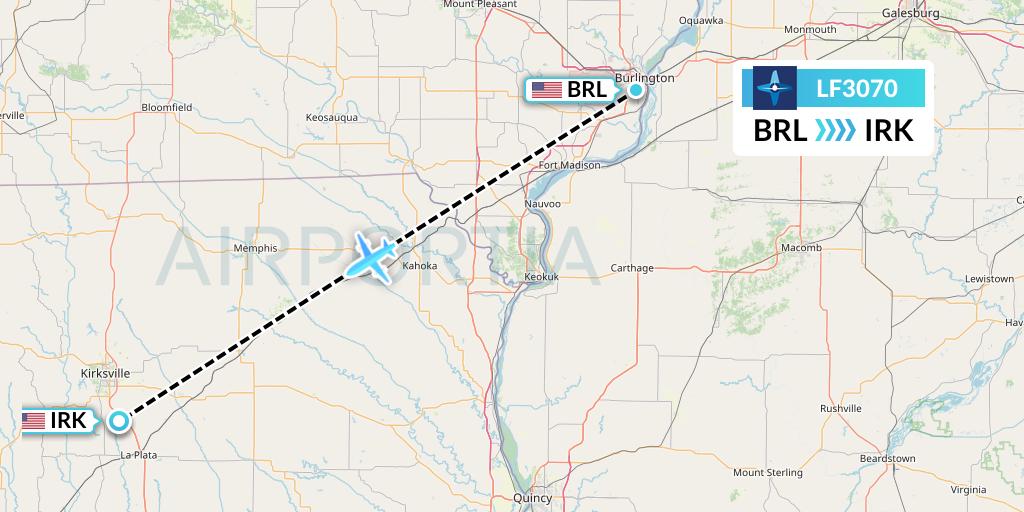 LF3070 Corporate Flight Management Flight Map: Burlington to Kirksville