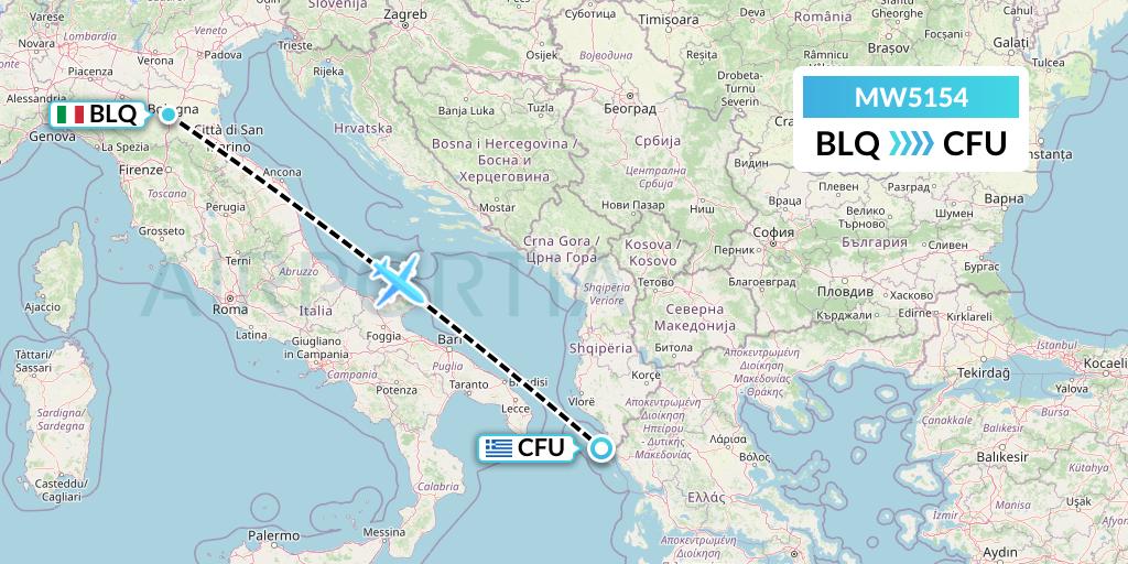 MW5154 Mokulele Flight Service Flight Map: Bologna to Corfu
