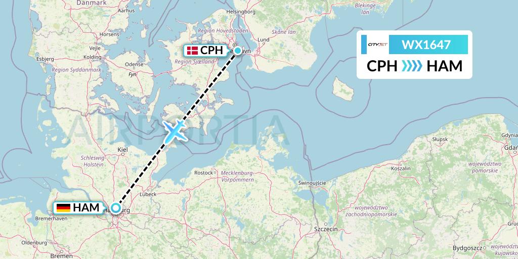 WX1647 Cityjet Flight Map: Copenhagen to Hamburg