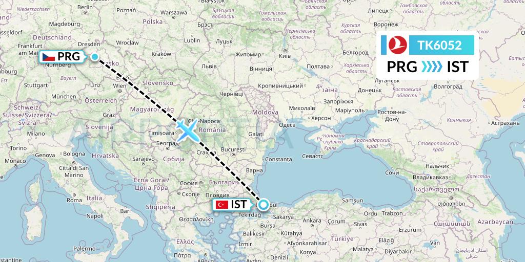TK6052 Turkish Airlines Flight Map: Prague to Istanbul
