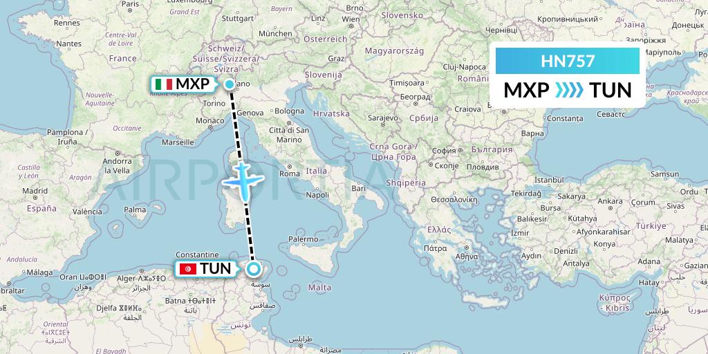 HN757 Uab Heston Airlines Jsc Heston Airl Flight Map: Milan to Tunis