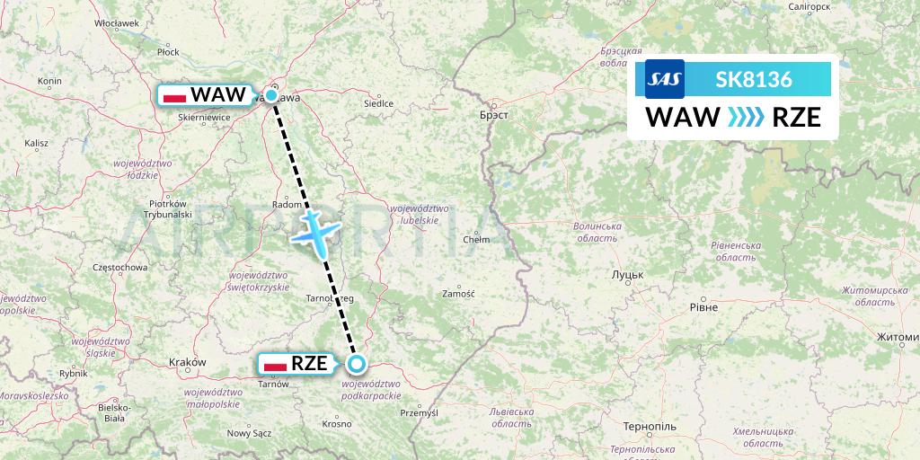 SK8136 SAS Flight Map: Warsaw to Rzeszow