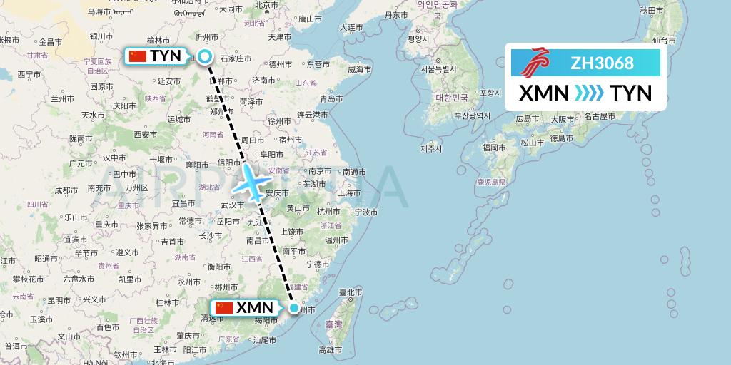 ZH3068 Shenzhen Airlines Flight Map: Xiamen to Taiyuan