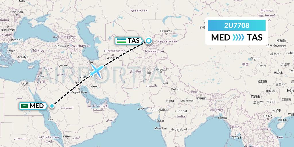2U7708 Sun d'Or International Airlines Flight Map: Medina to Tashkent