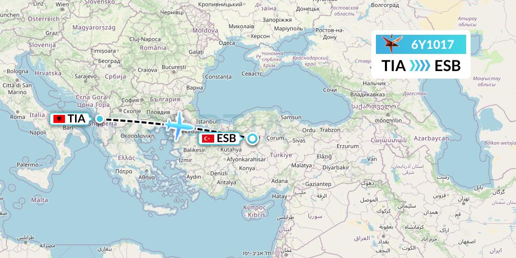 6Y1017 SmartLynx Flight Map: Tirana to Ankara