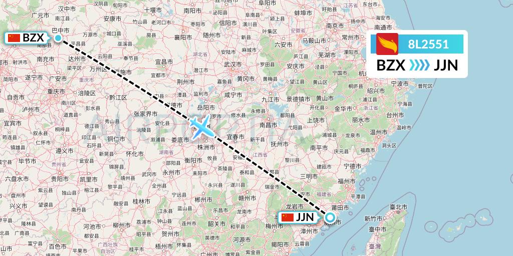 8L2551 Lucky Air Flight Map: Guangyuan to Jinjiang