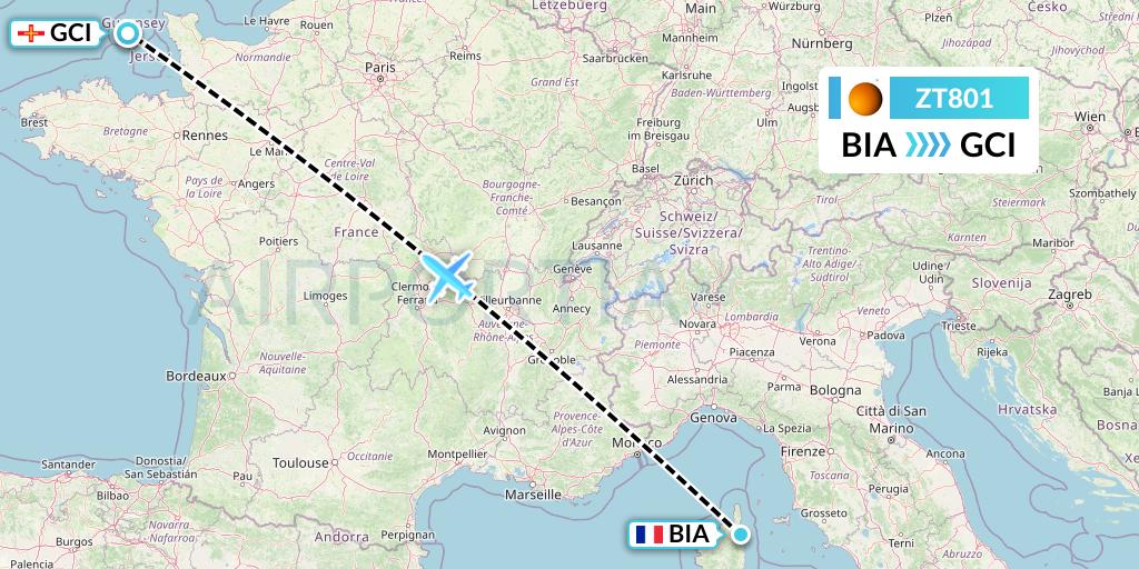 ZT801 Titan Airways Flight Map: Bastia to Guernsey