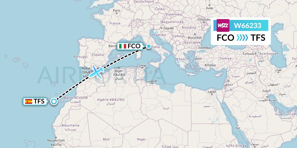 W66233 Wizz Air Flight Map: Rome to Tenerife