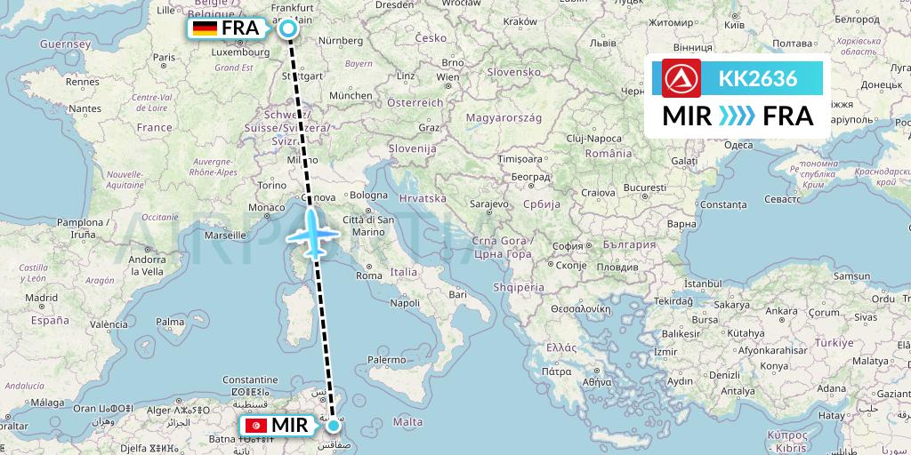 KK2636 Atlasjet Flight Map: Monastir to Frankfurt