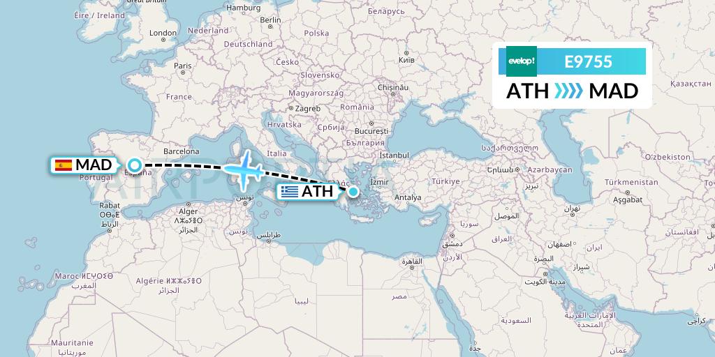 E9755 Evelop Airlines Flight Map: Athens to Madrid