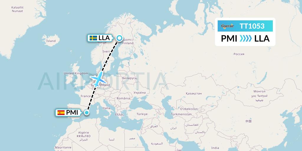 TT1053 Tigerair Australia Flight Map: Palma de Mallorca to Lulea