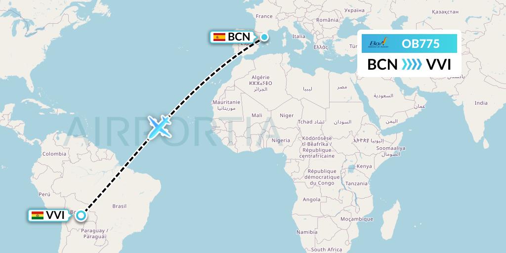 OB775 Boliviana de Aviacion Flight Map: Barcelona to Santa Cruz