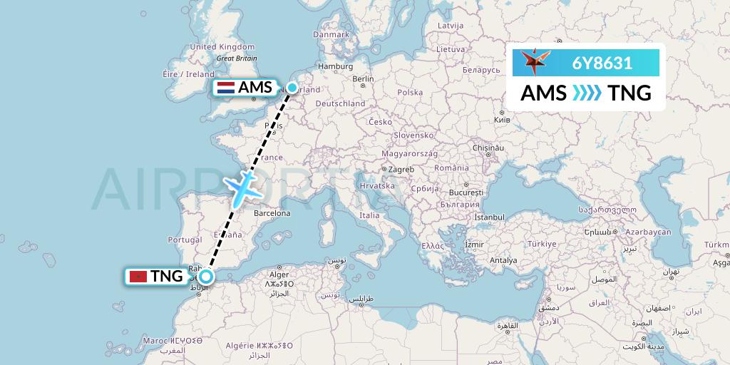 6Y8631 SmartLynx Flight Map: Amsterdam to Tangier